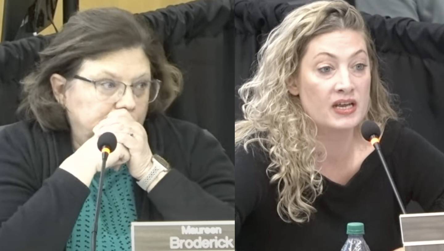 Joliet Junior College Trustees Maureen Broderick (left) and Michelle Lee at Board of Trustee meetings in 2025 and 2024, respectively.