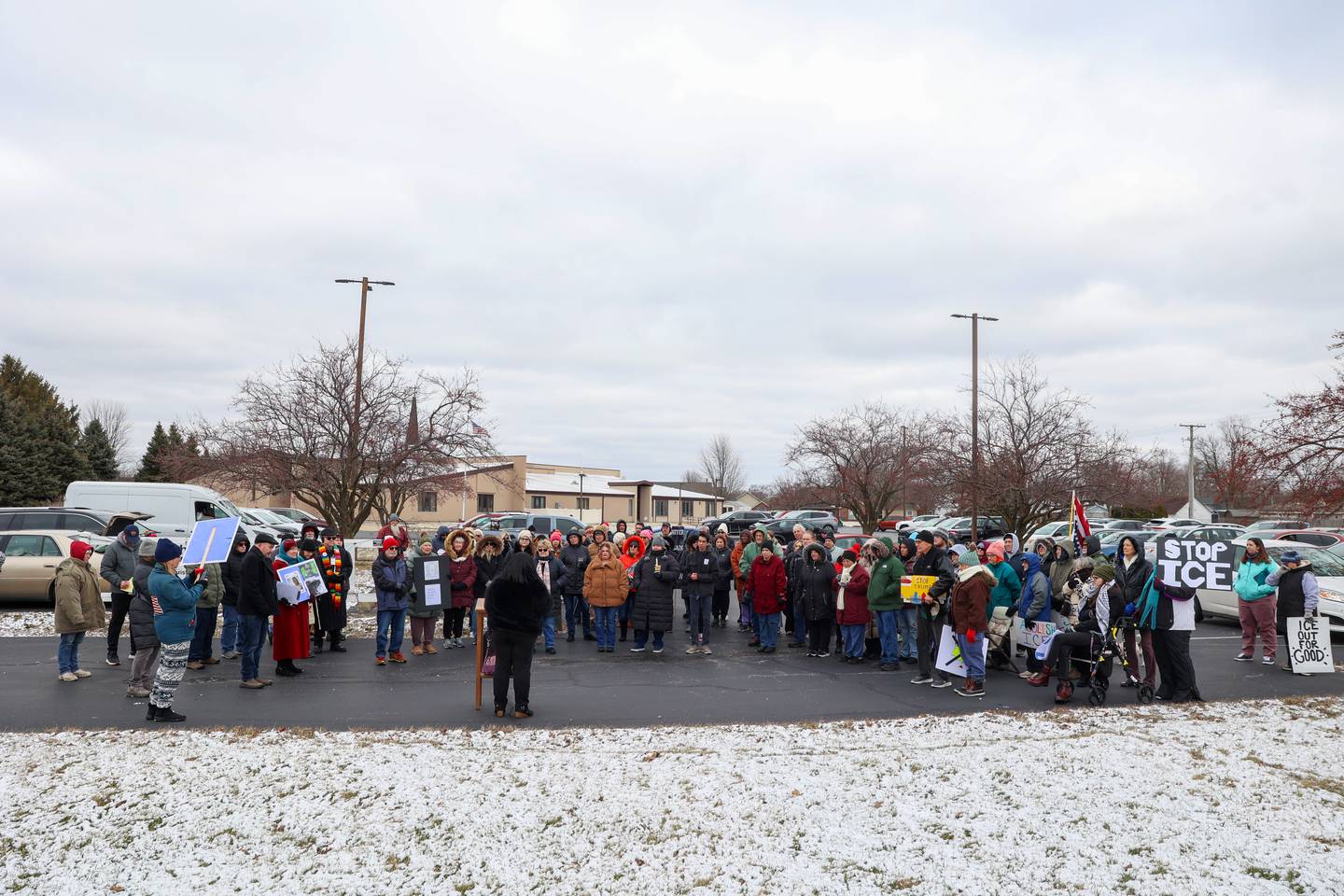 A crowd of about 100 gathered for an ICE Out for Good protest and vigil at The Grow Center in Bourbonnais on Sunday, Jan. 11, 2026. The event was planned in the wake of the shooting death of Renee Nicole Good by an ICE agent on Jan. 7 in Minneapolis, Minn.