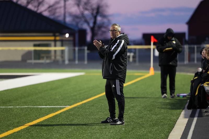 Herscher head coach Chris Longtin applauds as his team secures a 3-2 victory over Bradley-Bourbonnais on Tuesday, April 15, 2025.