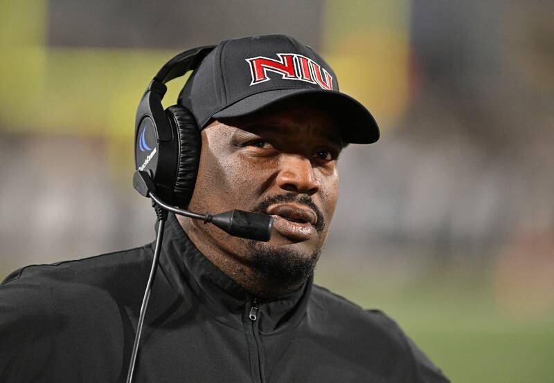 Coach Thomas Hammock watches NIU's game against Western Michigan on Wednesday, November 6, 2024 in Kalamazoo, Michigan.