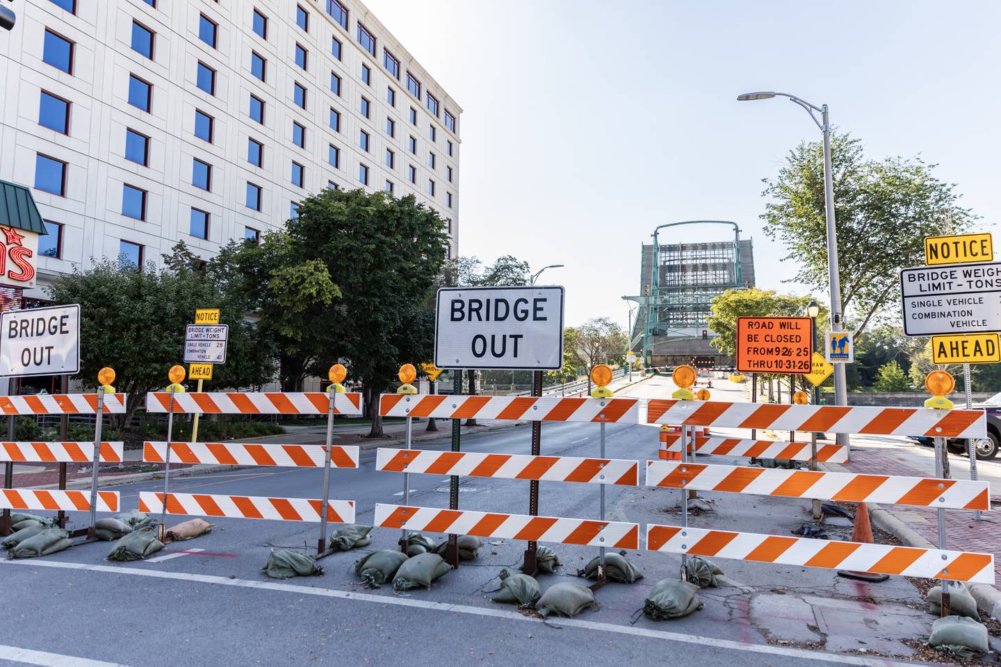 Construction continues to close-off the Cass Street Bridge in Joliet on Sept. 29, 2025.