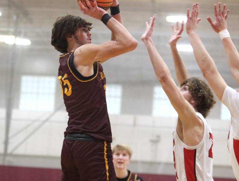 Richmond-Burton’s Matthew Rupnik shoots against Stillman Valley during 74th Annual E.C. Nichols Holiday Classic varsity boys basketball tournament action on Saturday, Dec. 28, 2024 at Marengo High School in Marengo.