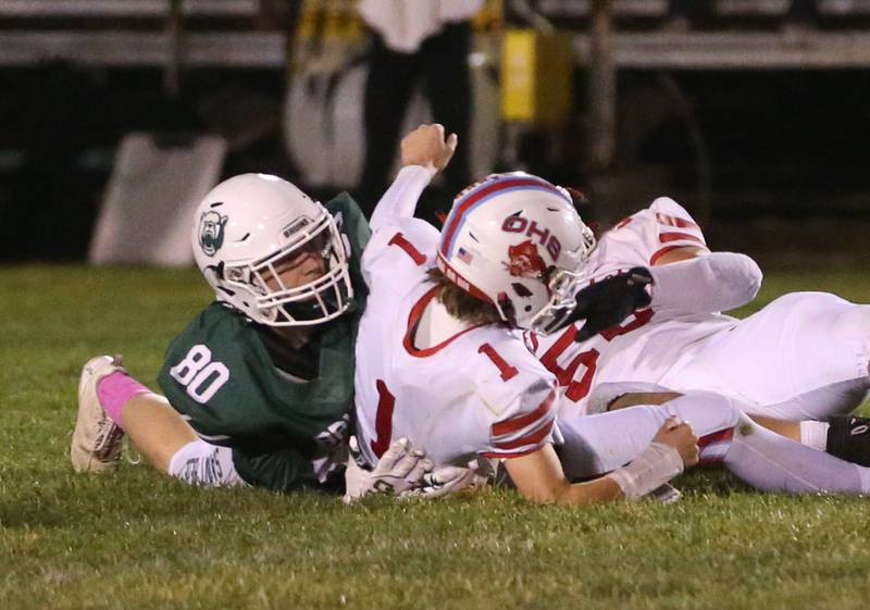 St. Bede's Trajan Raffety sacks Ottawa quarterback Mark Munson on Friday, Oct. 25, 2024 at St. Bede Academy.