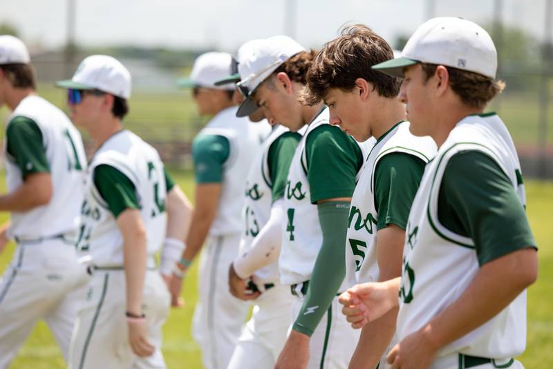 Players of St. Bede walk to dugout with heads down after 4-2 loss to Midland on Saturday, May 24, 2025 at Stark County High School in Toulon.