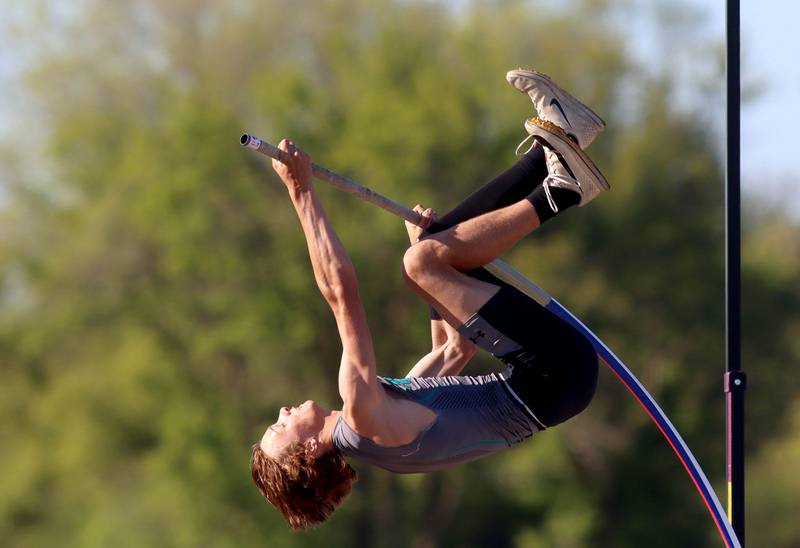 Woodstock North’s Braelan Creighton competes in the pole vault in KRC Conference Track Meet action at Richmond-Burton High School in Richmond on Tuesday, May 13, 2025.