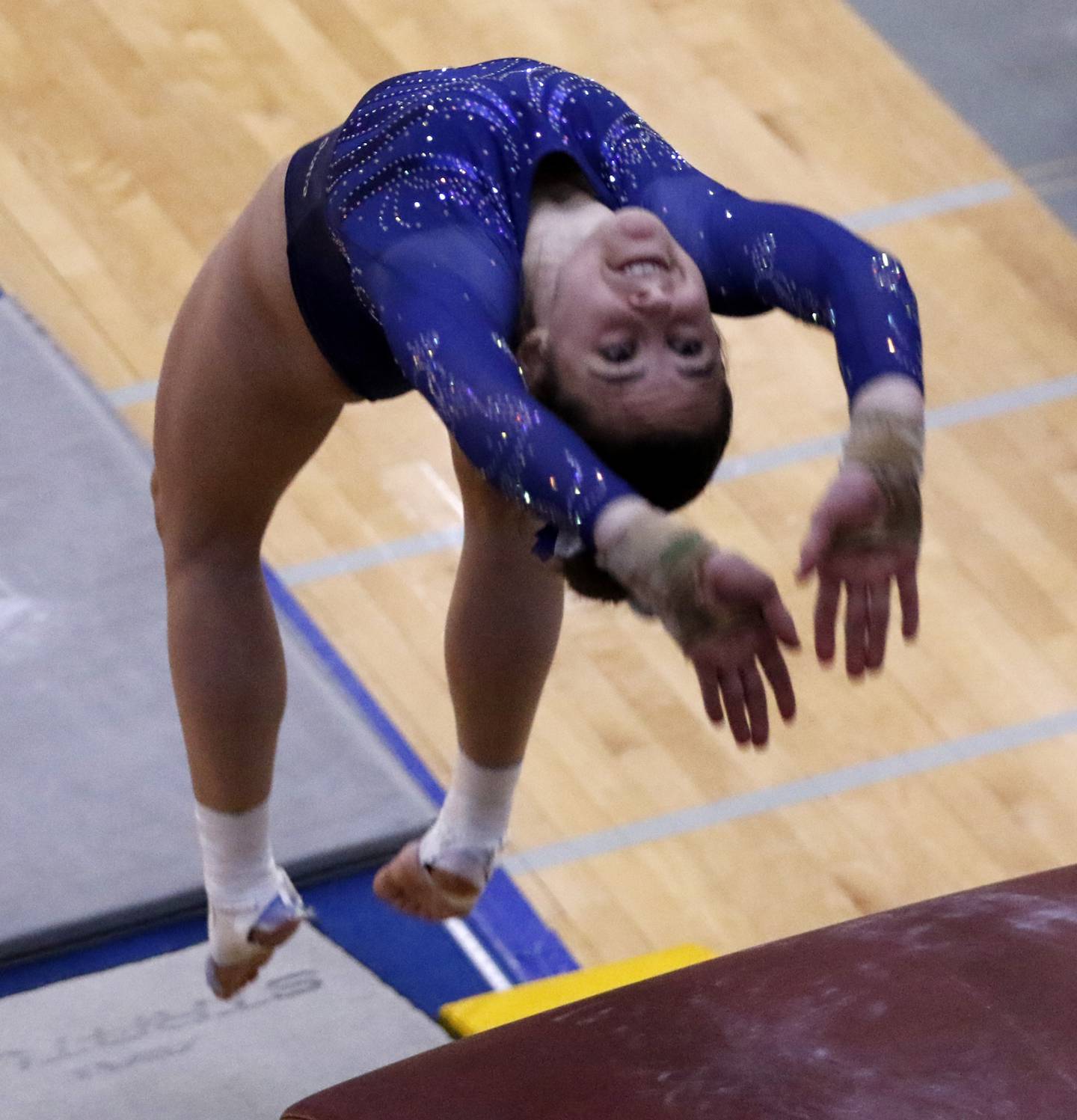Geneva's Reese Lackey competes in the preliminary round of the x on Friday, Feb. 21, 2025, during the IHSA Girls State Final Gymnastics Meet at Palatine High School.