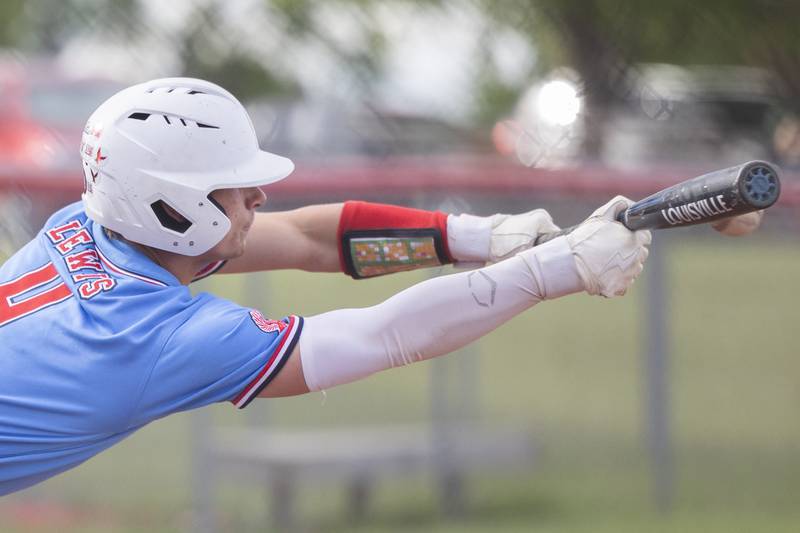 Oregon’s Avery Lewis puts down a bunt against Rock Falls in the Stillman Valley Class 2A Regional semifinal Thursday, May 22, 2025.