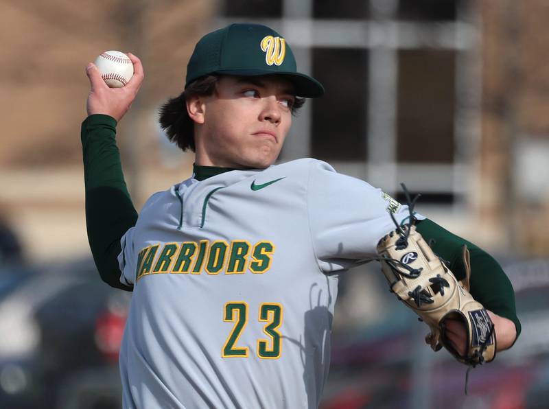 Waubonsie Valley's Cole Ruggeri delivers a pitch Monday, April 20, 2026, during their game at DeKalb High School.