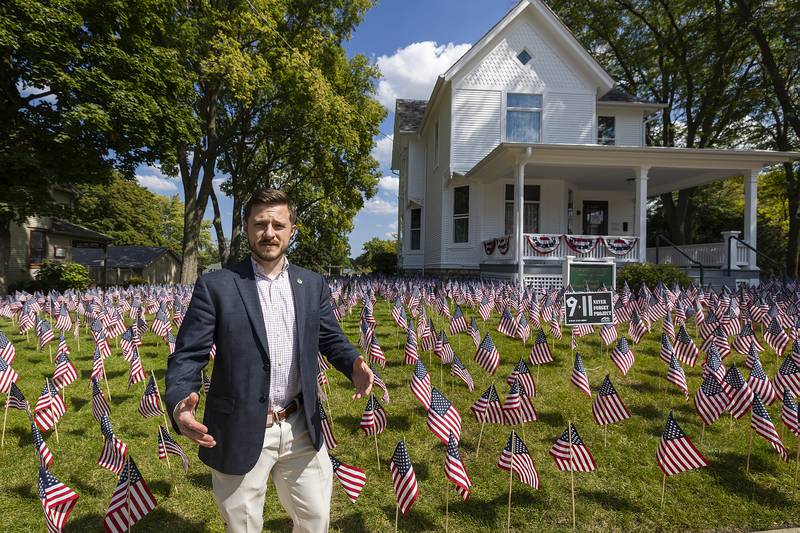 Ronald Reagan Boyhood Home Program Director Kyle Ferrebee quotes the President Thursday, Sept. 11, 2025, when talking about the reason for setting up the flags on the campus of the home. “Freedom is never more than one generation away from extinction.”