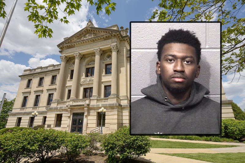 Quinyatta L. Hutchinson, 23, of the 900 block of Crane Drive, DeKalb, is charged with grooming and aggravated criminal sexual abuse, a class 2 felony. If convicted, he could face up to seven years in jail. (Inset photo provided by DeKalb County Jail, building photo by Shaw Local News Network)