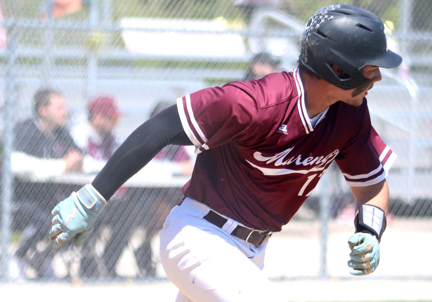 Marengo’s Brady Kentgen sprints to first base on an RBI single against Rockford Christian in IHSA Class 2A Regional Title Game action baseball at Richmond-Burton High School in Richmond  on Saturday, May 24, 2025.