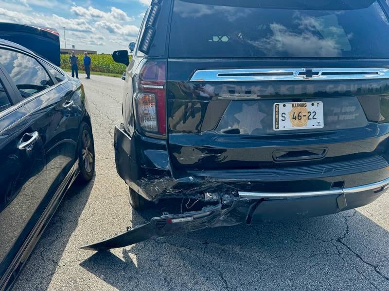 A Kankakee County Sheriff's Department squad car was struck Friday by a juvenile driver of a stolen vehicle Aug. 29, 2025.