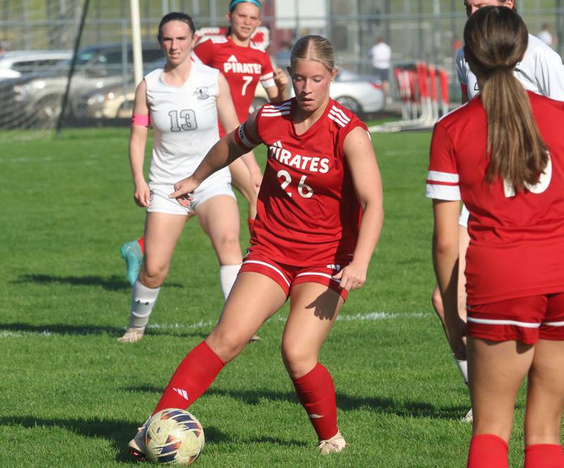 Kaneland keeper Liliana Guzman kicks the ball out of the box on Wednesday, April 22, 2026 on King Field at Ottawa High School.
