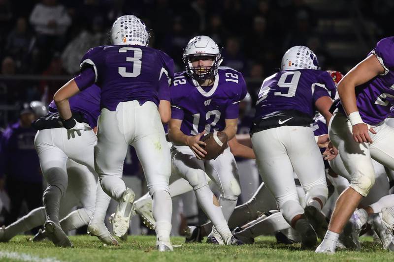 Wilmington’s Lucas Rink flips the ball to Ryan Kettman against Stillman Valley in the first round of the playoffs on Saturday, Nov. 2, 2024 in Wilmington.