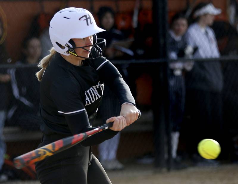 Huntley's Lyla Ginczycki hits a double during a Fox Valley Conference softball game against Crystal Lake Central on April 7, 2026, at Crystal Lake Central High School.