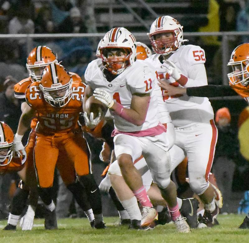 Oregon's Jayden Berry (11) runs with the ball during 3A football playoff action against Byron on Friday, Oct. 31, 2025 at the Everett Stine Stadium in Byron.
