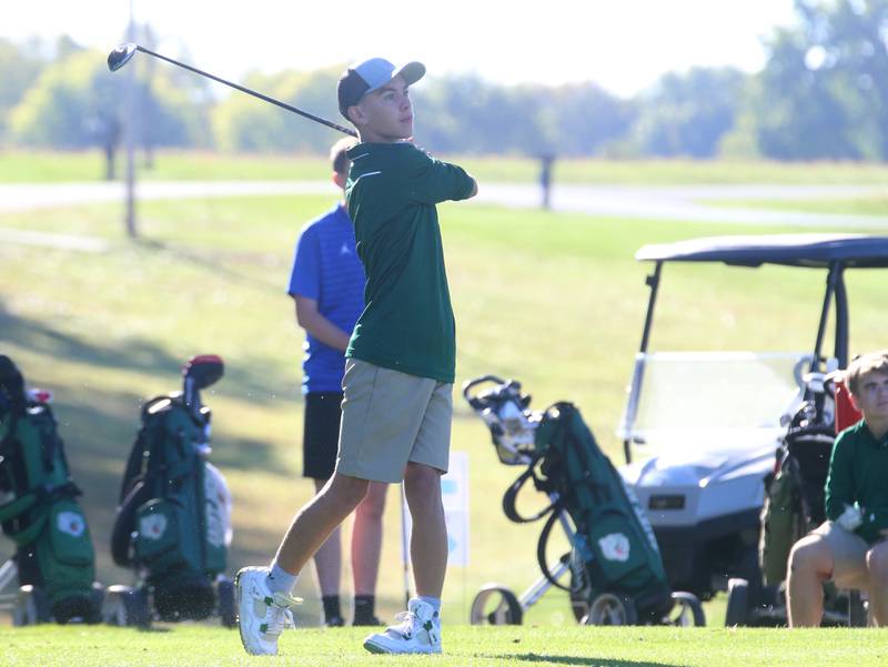 St. Bede's Caden Carls tees off on the first hole during the Class 1A golf meet on Wednesday, Oct. 2, 2024 at Spring Creek Golf Course in Spring Valley.