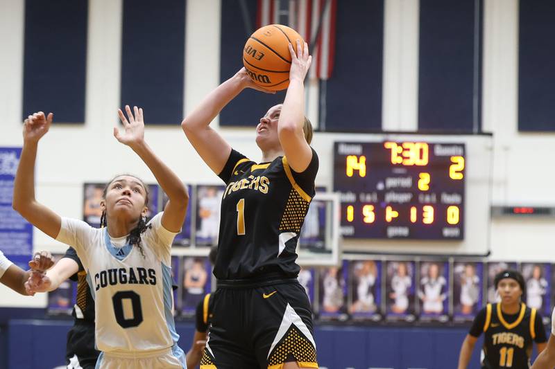 Joliet West’s Maya Zanzola puts up a shot against Plainfield South on Thursday, Jan 22, 2026 in Plainfield.