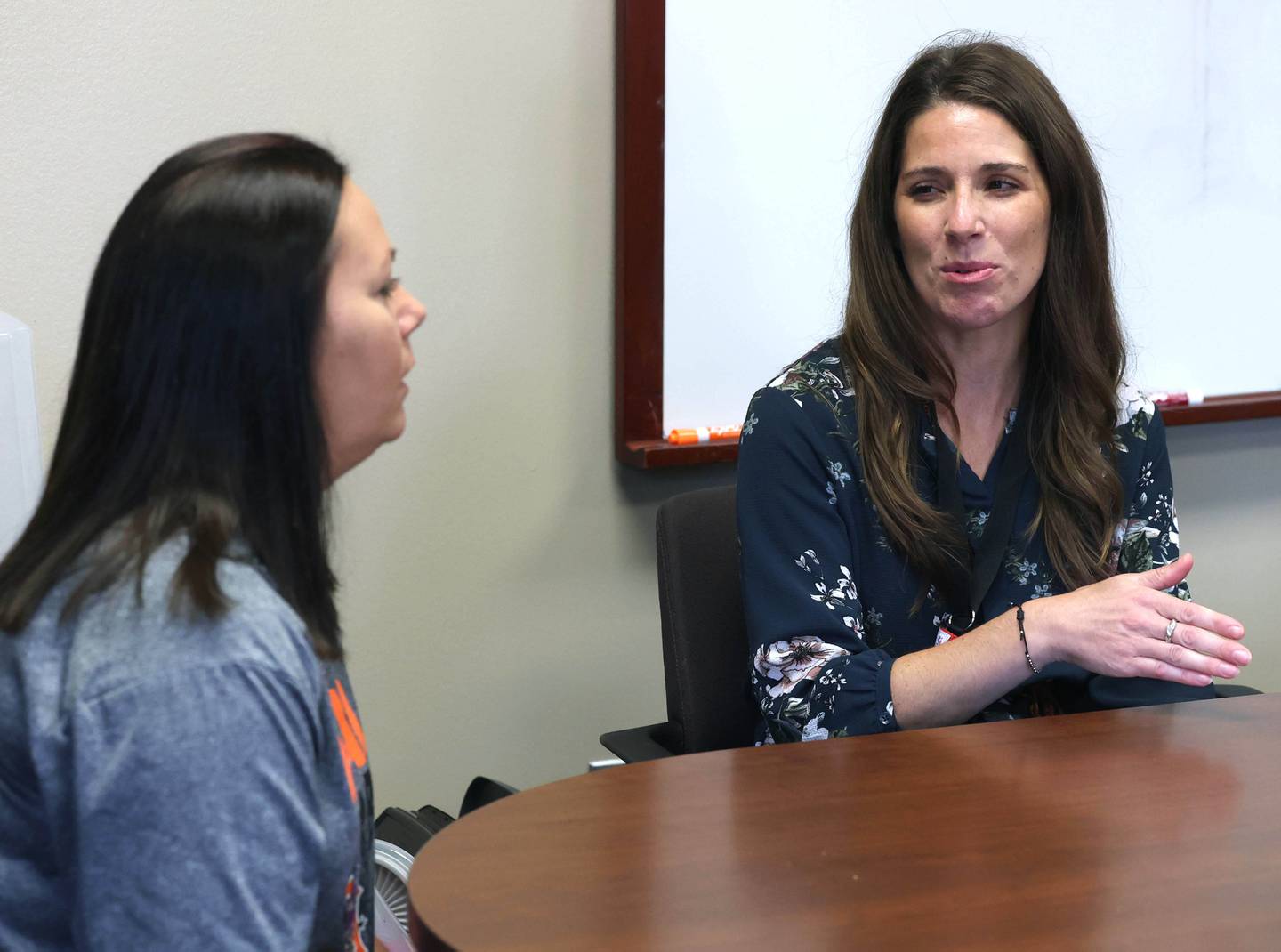 Kristin Perez, (left) a certified school nurse in DeKalb School District 428, and Stephanie Condon, the district's nursing manager, talk Monday Sept. 22, 2025, at Brooks Elementary School, about how it was dealing with the COVID-19 pandemic when students returned to school and how they feel the district would handle a future health crisis.