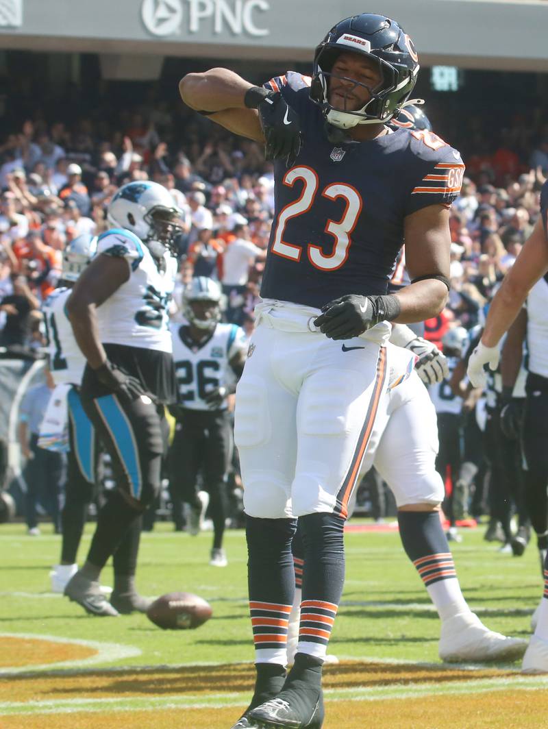 Chicago Bears running back Roschon Johnson celebrates after scoring a touchdown against the Carolina Panthers on Sunday, Oct. 6, 2024 at Soldier Field in Chicago.