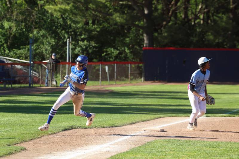 Clifton Central's Derek Meier rounds third base to score a run during Central's 8-4 victory over Kankakee on Monday, May 11, 2026.