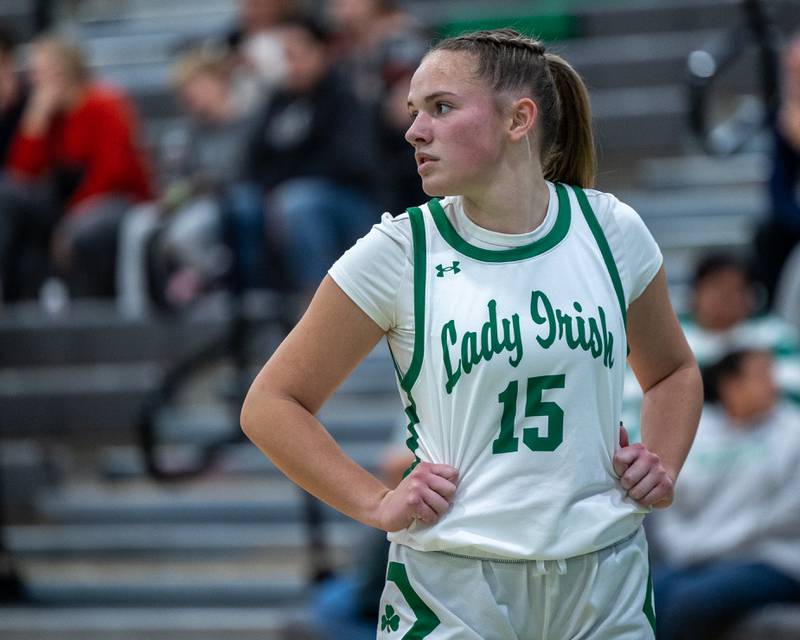 Kylee Rowley (15) of Seneca listens as teammate talks to her on Monday, November 17, 2025 at Seneca High School in Seneca.
