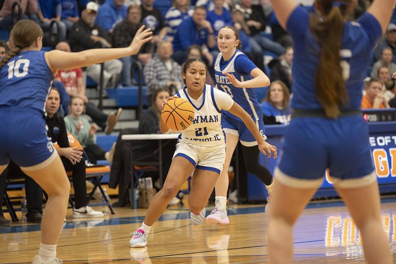 Newman’s Gisselle Martin handles the ball against Galena Tuesday, Feb. 24, 2026, in the Class 1A sectional at Eastland High School.