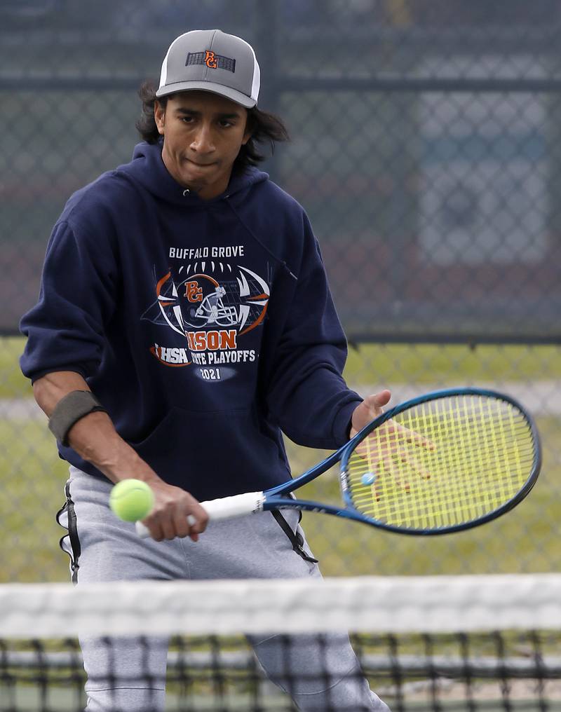 Buffalo Grove’s Aproov Sagar Pitta returns the ball during an IHSA 2A boys doubles tennis match Thursday, May 25, 2023, at Buffalo Grove High School.