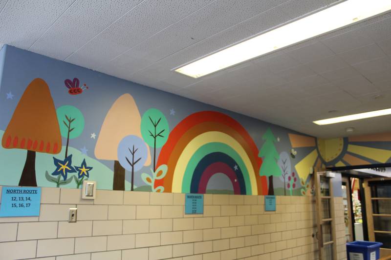 A mural created by Sara Jean Stevens at the bus entryway of District 47's North Elementary School in Crystal Lake.
