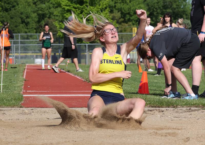 Sterling’s Addison Robbins participates in the long jump Wednesday, May 8, 2024, during the girls track Class 2A sectional at Rochelle High School.