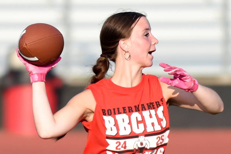 Bradley-Bourbonnais senior Audrey Conradi throws a pass during the school's flag football camp Wednesday, July 2, 2025.