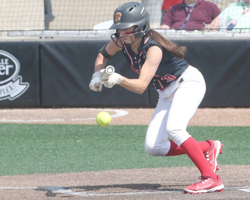 Benet Academy's Nina Pesare lays down a bunt against Charleston during the Class 3A State third place game on Saturday, June 10, 2023 at the Louisville Slugger Sports Complex in Peoria.