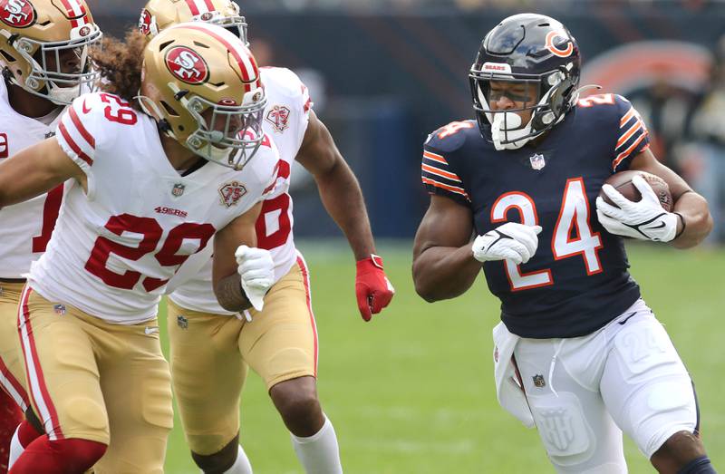 Chicago Bears running back Khalil Herbert braces for the contact from San Francisco 49ers safety Talanoa Hufanga during their game Sunday, Oct. 31, 2021, at Soldier Field in Chicago.