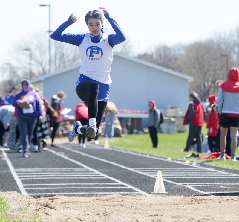Princeton's Katalina Jackson does the long jump during the Rollie Morris Invite on Saturday, April 16, 2022 at Hall High School in Spring Valley.