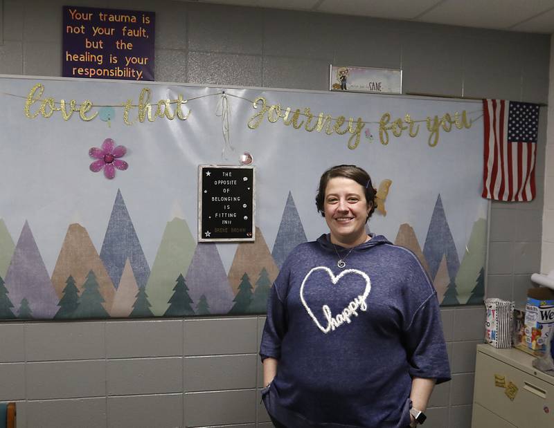 Johnsburg Junior High School social worker Nikki Brosh in her office on Thursday, April 17, 2025, at the school in Johnsburg.