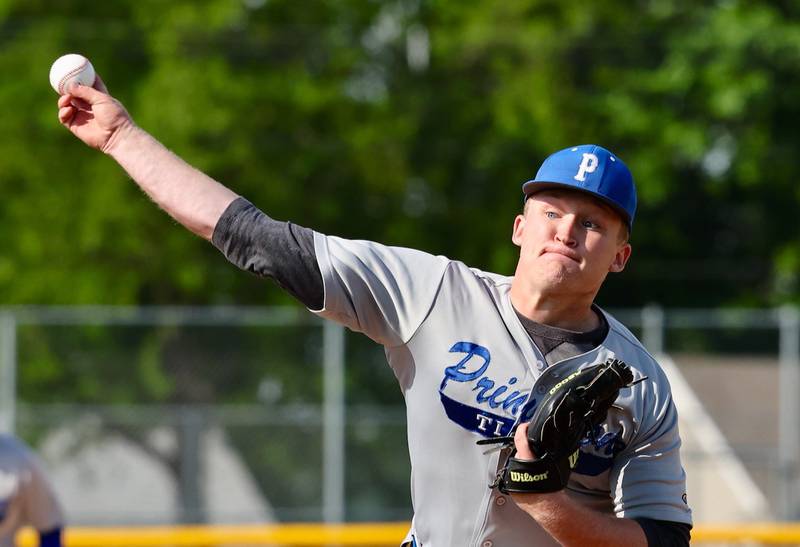 Princeton senior right-hander Luke Smith delivers a pitch against Kewane Monday at Prather Field.