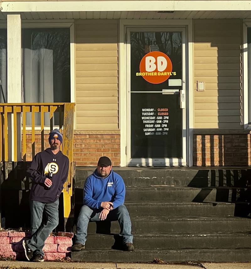 Owners Tony Walters and Chris Schueler outside their restaurant, Brother Daryl's at 406 Ave. G in Sterling, Illinois.