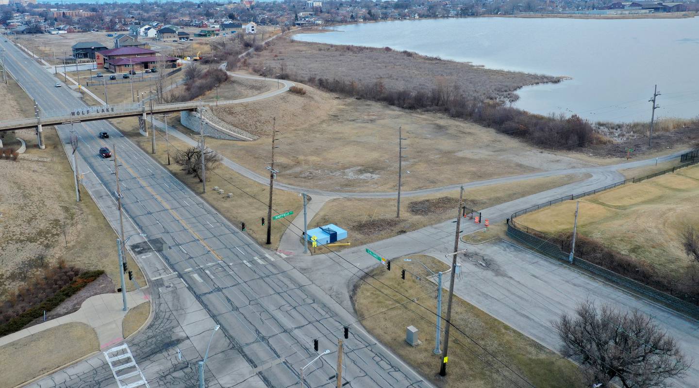 An aerial view of the Wolf Lake Memorial Park in the 2300 block of Calumet Avenue is a potential site of the new Chicago Bears stadium on Saturday, Feb. 21, 2026 in Hammond Ind.