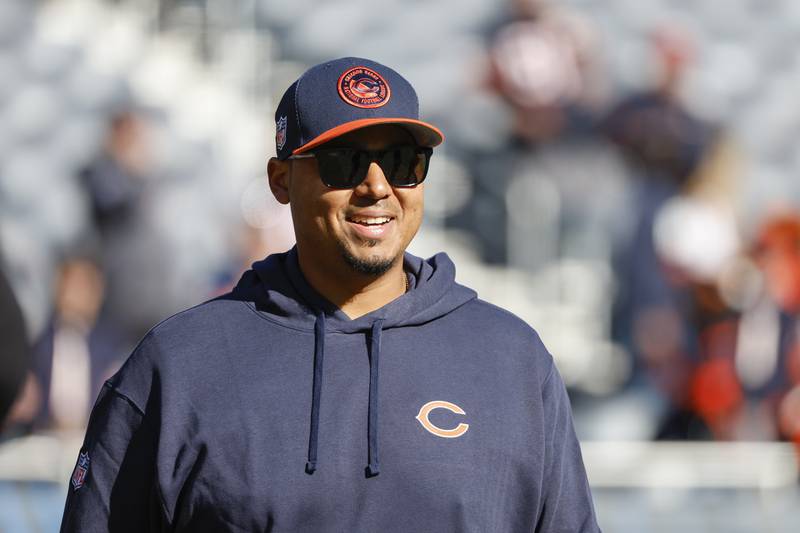 Chicago Bears general manager Ryan Poles walks on the field before a game against the Las Vegas Raiders, Sunday, Oct. 22, 2023, in Chicago.