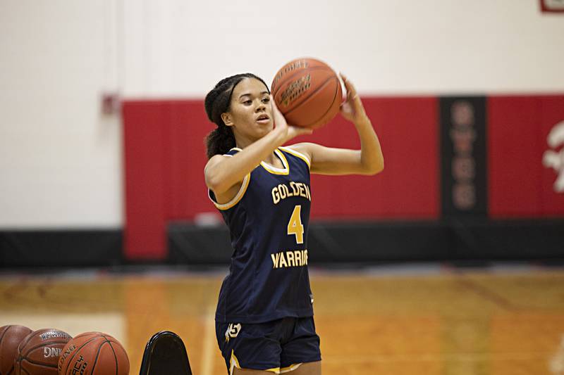 Sterling’s Olivia Turner puts up a shot in the three point contest Thursday, June 15, 2023 during the Sauk Valley Media All-Star Basketball Classic at Sauk Valley College.