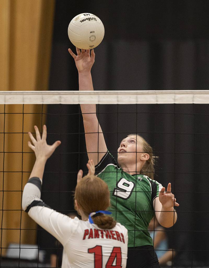 Rock Falls’ Kayla Hackbaerth plays the ball against Erie-Prophetstown Thursday, Sept. 11, 2025.