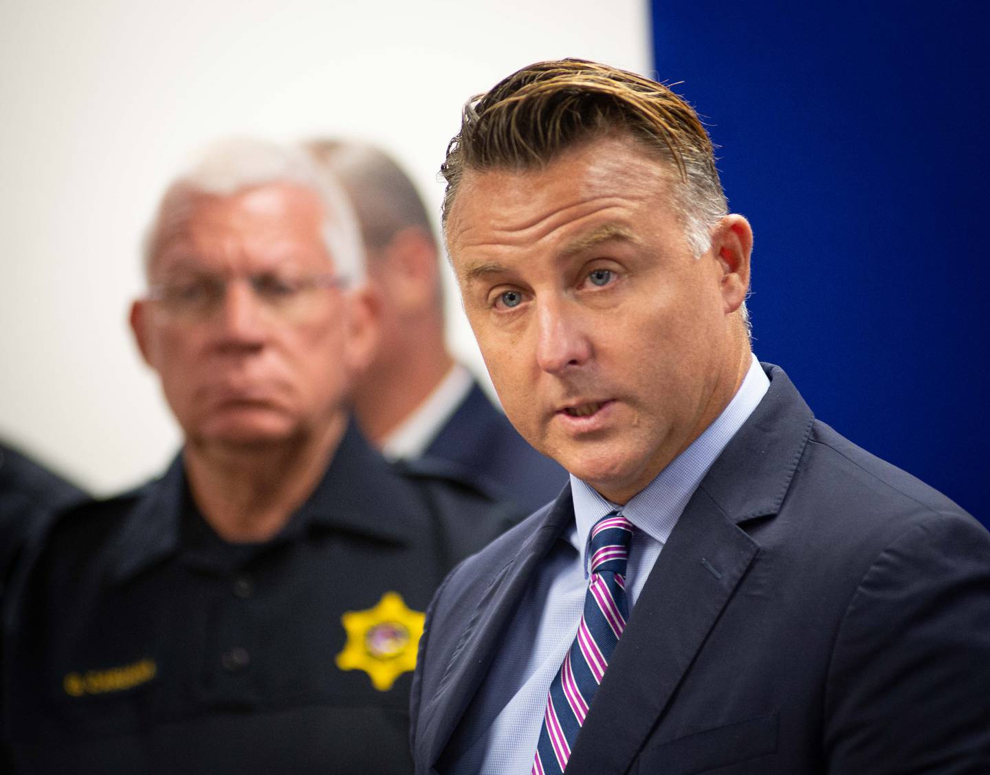 Winnebago County State's Attorney J. Hanley, right, and Winnebago County Sheriff Gary Caruana discuss details leading to charges against Jonathan Van Duyn for the murder of Michelle Arnold-Boesiger during a news conference in the Winnebago County courthouse on Tuesday, Aug. 10, 2021. Winnebago County authorities believe Arnold-Boesiger was murdered in mid-November 2020.