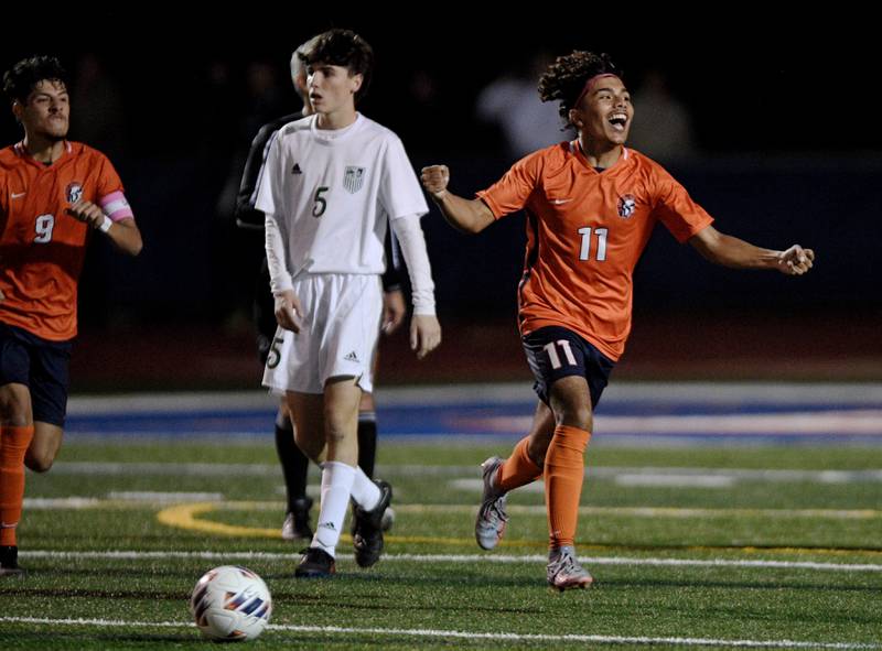 Romeoville’s Luis Orizaba reacts after the overtime goal against York in the Class 3A semifinal game of the boys state soccer tournament in Hoffman Estates on Friday, November, 4, 2022.