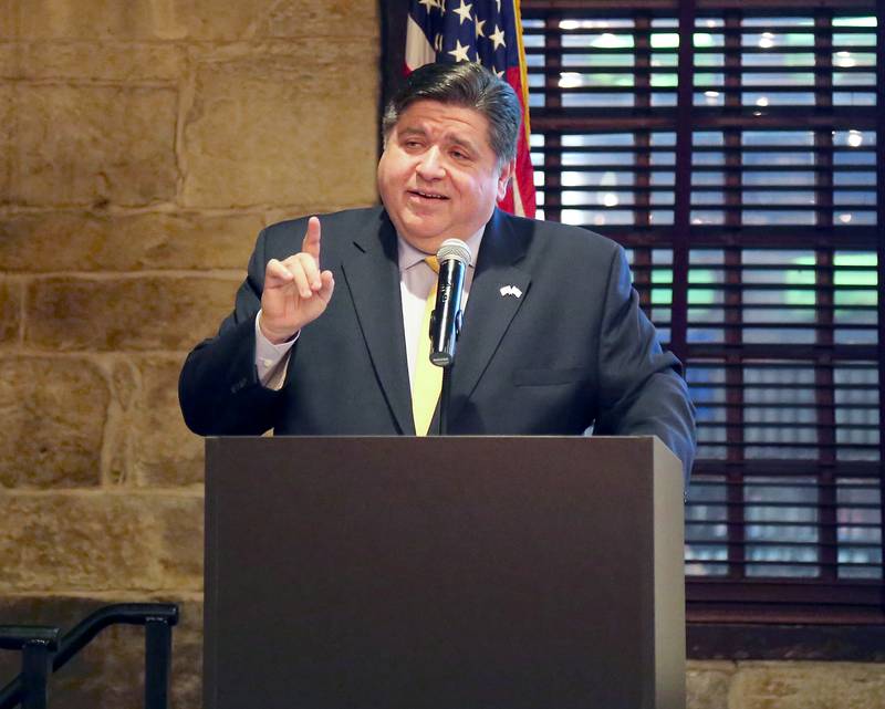 Governor JB Pritzker speaks at the Truman Dinner on Sunday, Feb. 27, 2022 at Two Brothers Roundhouse in Aurora.
