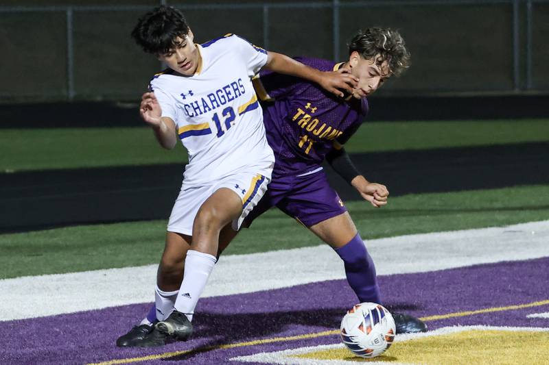Cesar Casas of Mendota gets pushed by Brayan Angeles on Saturday, November 2, 2024 at Richard E. Phalen, SR. Field in Mendota.
