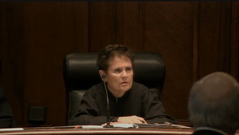 Justice Rita Garman, a downstate Republican from the 4th District, is pictured in a video feed of the state Supreme Court's March docket. She announced Monday she would retire on July 7. (Credit: Blueroomstream.com)