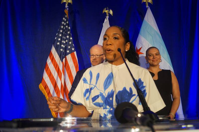 Lt. Gov. Juliana Stratton calls reproductive rights a “fundamental issue” of the 2024 campaign in an interview with reporters at the Illinois delegation’s Tuesday, Aug. 20, 2024, breakfast prior to Democratic National Convention programming.