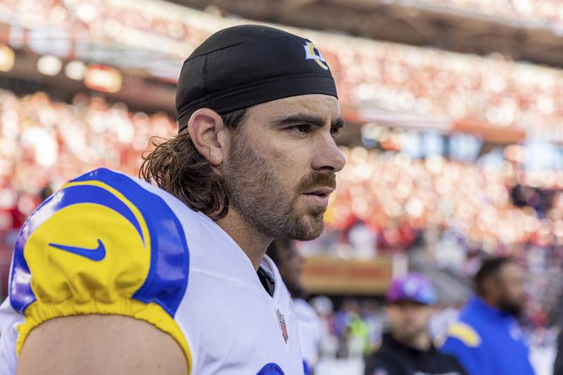 Tight end (89) Tyler Higbee of the Los Angeles Rams against the San Francisco 49ers in an NFL football game, Monday, Oct. 3, 2022, in Santa Clara, Calif. 49ers won 24-9. (AP Photo/Jeff Lewis)