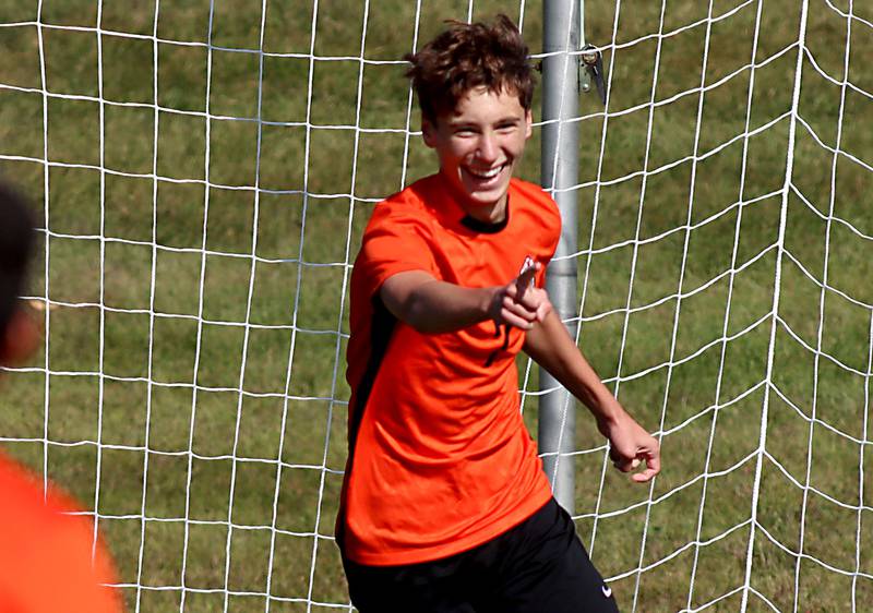 Crystal Lake Central’s Nathan Gray celebrates the Tigers’ first goal against Harvard in varsity boys soccer at Crystal Lake Central High School in Crystal Lake on Saturday, Sept. 6, 2025.