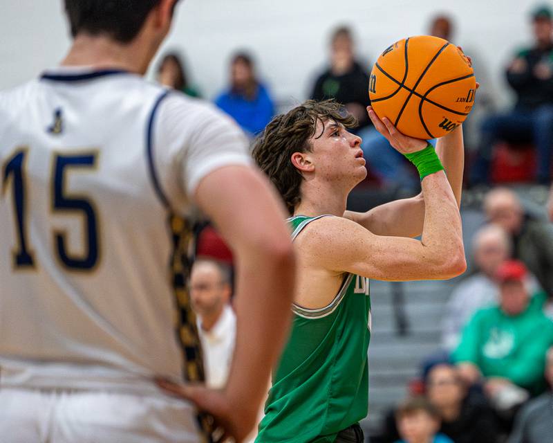 Dwight's Joe Duffy (1) shoots free-throw in game against Marquette on Saturday, Feb. 21, 2026 at Marseilles Elementary School.